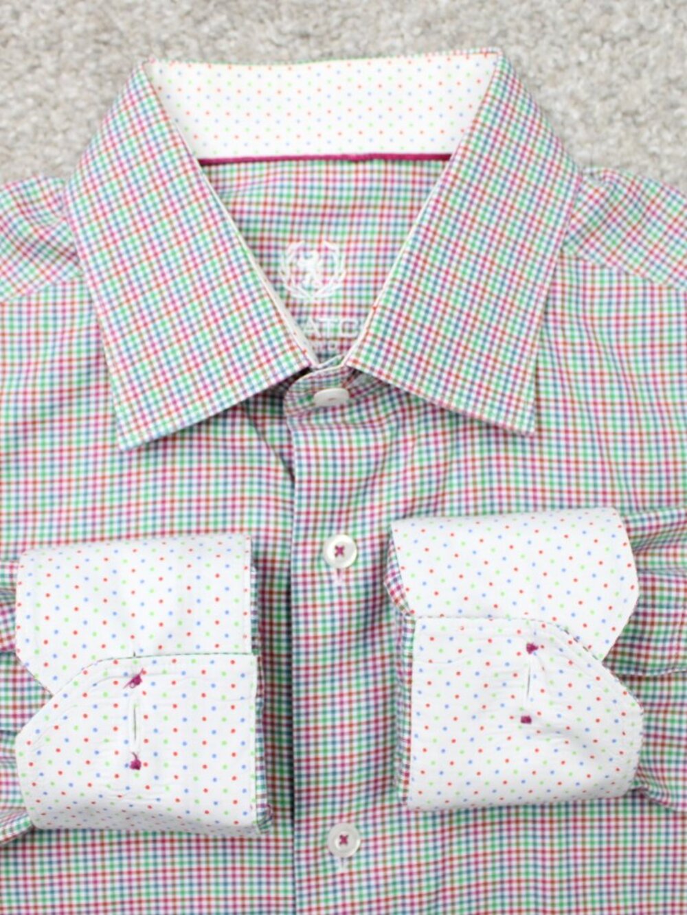 Bugatchi Uomo Shirt Mens 15 1/2, 32/33 Red/Green Flip Cuff‎ Cotton Long Sleeve